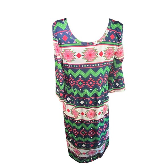 Lolly Wolly Doodle Aztec Pattern Dress M 3/4 Sleeves Multicolor Made In USA - Picture 5 of 7